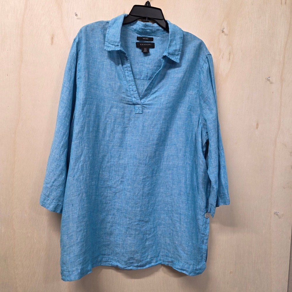 Tahari 100% Linen Womens Tunic Blouse Blue Split Neck 3/4 Sleeve Plus 1X